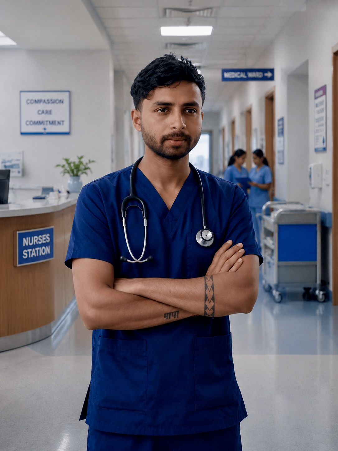Dishant Raj in nursing scrubs at the hospital corridor